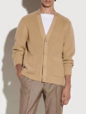 Sandro Wool Blend Ribbed Button-Front Cardigan in Neutral Tan Size Large